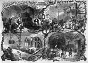 Keller des Lagerhauses für Weine und Branntweine in Paris; 1858. Gravur in „Le Monde Illustré“ Nr. 46 vom 27. Februar 1858