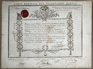 Zertifikat der Aufnahme in die Nationalgarde der Freiwilligen von Nantes, 1789 von French School