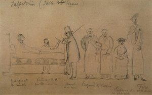 Charcot, gezeichnet von einem seiner Schüler. Von links nach rechts: Patientin Genevieve in einer Zwangsjacke, Doktor Desire Magloire Bourneville mit einem Thermometer, Jean Martin Charcot, Raymond und Brissaud, Me Tirperme und Charles Fere. Heilige Königi