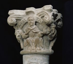 Barmherzigkeit, eine Nonne verteilt Brot und Kleidung, Relief von einem Kapitell