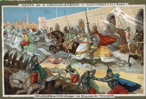 Karl der Große (742-814) vertreibt die Mauren aus Spanien. Chromolithographie des 19. Jahrhunderts von French School