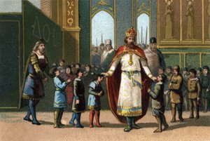 Karl der Große, König von Frankreich (768-814), Gründer der Schule, überwacht den Unterricht. Chromolithographie um 1890.