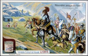 Karl der Große und seine Armee überqueren die Alpen im Jahr 800 - Liebig-Chromolithografie, Anfang des 20. Jahrhunderts von French School