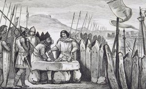 Karl III. der Dicke (839-88) zahlt den Wikinger-Invasoren 886 Tribut, aus 