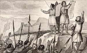 Karl II. der Kahle und sein Bruder Ludwig der Deutsche schließen 842 einen Vertrag in Straßburg, aus 