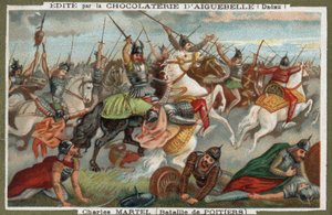 Karl Martell stoppt die Muslime in der Schlacht von Poitiers im Jahr 732. Chromolithographie des 19. Jahrhunderts. von French School