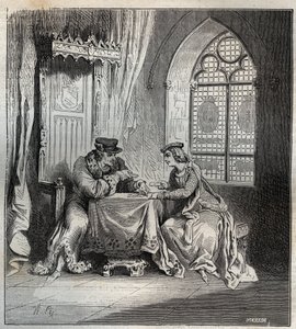 Karl VI. (1380-1422) und Odette de Champdivers - König Karl VI. von Frankreich, bekannt als Karl der Gute Aime, dann Karl der Verrückte (1368-1422) mit seiner Geliebten Odinette (Odette) de Champdivers (circa 1390-um 1425) beim Kartenspielen Gravur in „Par von French School