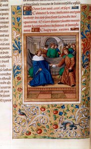Karl VI. und Heinrich V. unterzeichnen den "Vertrag von Troyes" im Jahr 1420, Illustration aus den "Chroniques de Monstrelet"