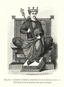 Karl der Kahle, 860 zum König von Lothringen gekrönt, aus einem Gebetbuch von Liuthard (Gravur) von French School