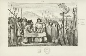Karl der Dicke zahlt den Wikingern 700 Silberstücke, um ihre Belagerung von Paris aufzugeben, 886 von French School