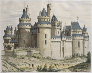 Schloss Pierrefonds, Illustration aus Le Moniteur des architectes, graviert von Bosredon (Farbstich) von French School