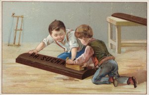 Kinder bauen eine große Holzschokoladentafel, Werbung für Suchard Schokolade