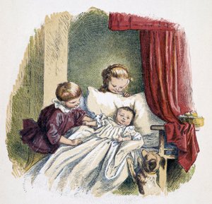 Kinder spielen mit einer Puppe in „Schnik, schnak, Kleinigkeiten für die Kleinen“, Kinderspiele. Hrsg. London- Georges Ronthedge und Söhne. New York, The broad way Ludgate n.d. ca. 1890. von French School