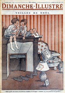 Kinder sitzen auf dem Schornstein und stellen dem Weihnachtsmann eine Falle, für die Weihnachtszeitung 1930 "Le Dimanche illustré" (Gravur) von French School