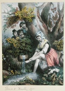 Kinder, die ein junges Mädchen beim Füßewaschen in einem Bach beobachten, ca. 1840 von French School