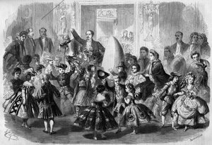 Kinderball zu Ehren von Eugene Louis Napoleon (1856-1879), Sohn von Napoleon III. Paris, 3. April 1861. Prinz Imperial (in der Mitte) ist als Pierrot enttäuscht. Gravur in „Le Monde Illustré“ Nr. 210 vom 20. April 1861.