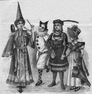 Kinderkleidung: Hexenkostüme, Clown, Page und „Empire“. Gravur in „La gazette du dimanche“ vom 23. Januar 1896 von French School