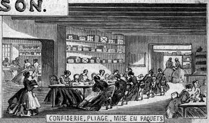 Schokoladenherstellung: Herstellung von Schokoladenbonbons, Faltwerkstatt und Verpackung. Fabrik von M. Masson, Paris