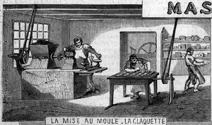 Schokoladenherstellung: Wiegen und Formen, Klopfen. Fabrik von M. Masson, Paris von French School