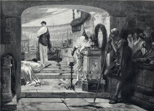 Christlicher Märtyrer betritt die Arena, um den Tieren übergeben zu werden. Gravur nach dem Gemälde von Albret Baur von French School