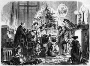 Weihnachtsfeier im Elsass: eine Familie versammelt sich um den Weihnachtsbaum. Gravur in „Le Monde Illustré“ Nr. 38 vom 2. Januar