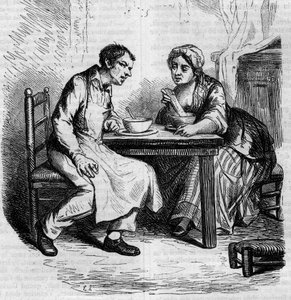 Christophe und die dicke Sylvie: Diener beim Frühstück. Gravur Mitte des 19. Jahrhunderts. Illustration für „Der Vater Goriot“ von Honore de Balzac (1799-1850). von French School