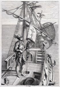 Christoph Kolumbus auf seinem Wagen, Illustration Entdeckung der Erde von Jules Verne, ed. Hetzel, 19. Jahrhundert von French School