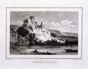 Château Gaillard von der Seine aus gesehen - Gravur von French School