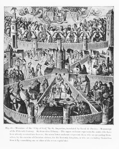 Stadt Gottes nach St. Augustinus, aus einem Manuskript übersetzt von Raoul de Presles, Illustration aus Wissenschaft und Literatur im Mittelalter und in der Renaissance, geschrieben und graviert von Paul Lacroix von French School