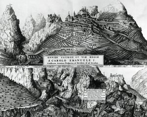 Stadt Saorge, Frankreich, unter savoyischer Herrschaft, Gravur von French School