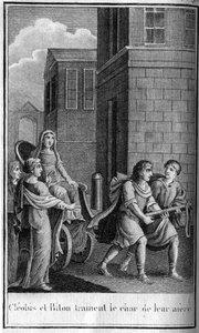 Kleobis und Biton, argivische Zwillingsbrüder, Söhne von Kydippe, Priesterin der Hera. Sie sind das Symbol der kindlichen Liebe. Sie sterben vor Erschöpfung, nachdem sie den Wagen ihrer Mutter von Argos zum Heiligtum der Hera bei Mykene gezogen haben. In „ von French School