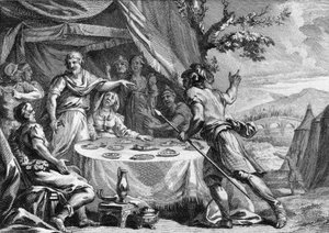 Chlodion der Langhaarige (ca. 400-448), Anführer der salischen Franken, erfährt von dem Überraschungsangriff der Truppen von General Aetius, Präfekt der Gallier, im Jahr 432. Gravur des 18. Jahrhunderts.
