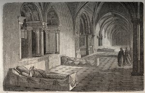 Kreuzgang von Fontevrault mit Statuen von Heinrich II. - Eleonore von Aquitanien - Gravur in „Histoire de France“ von Victor Duruy (1811-1894) - 1882 von French School
