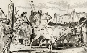 Clovis III (682-95) in einem von Ochsen gezogenen Wagen, mit Pepin II von Herstal (ca. 714) an seiner Seite, aus 