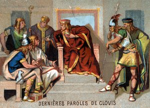 Die letzten Worte von Clovis: „Unglücklich bin ich! Ich bleibe wie ein Reisender unter Fremden und habe keine Eltern mehr, die mich unterstützen, wenn das Unglück kommt.“ Chromolithographie der Serie „Patriotische Erziehung durch Bild“
