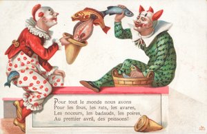 Clowns jonglieren Fische für den 1. April