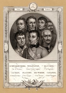 Koalitionsmilitärkommandanten der Napoleonischen Kriege: Fabian Gottlieb von der Osten-Sacken, russischer General der Infanterie; Matvei Platov, russischer General der Don-Kosaken; Karl Philipp von Wrede, bayerischer General; Francisco Javier Castaños, spa von French School