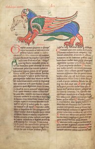 Ein Greif frisst einen Mann, aus Liber Floridus von Lambert de Saint-Omer, ca. 1120