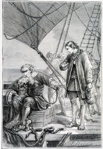 Kolumbus als Bösewicht gefesselt (auf dem Schiffsdeck), Illustration Entdeckung der Erde von Jules Verne, ed. Hetzel, 19. Jahrhundert