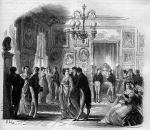 Comédie Française: Ansicht des Künstlerfoyers mit den Komödianten François-Joseph Talma (1763-1826) und Anne Boutet, genannt Mademoiselle Mars (1779-1847), französische Komödiantin. Gravur von 1867-1868.