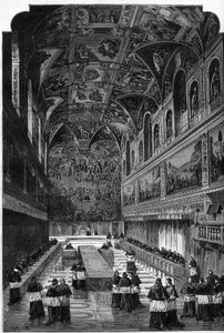 Konklave von 1878: Blick auf das Innere der Sixtinischen Kapelle während der Wahl des Nachfolgers von Papst Pius IX., Leo XIII. Gravur in „Le Monde Illustré“ Nr. 1095 vom 23. März 1878.