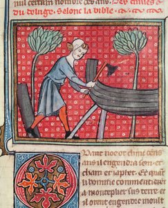 Bau eines Bootes, aus der Bible Historiale von Guiart des Moulins