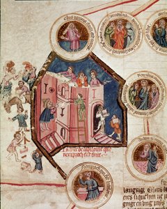 Baustelle des Turms von Babel in Babylon. Seite aus dem Manuskript Genealogie der Bibel der französischen Schule. 14. Jahrhundert. Cremona, Biblioteca Governativa von French School