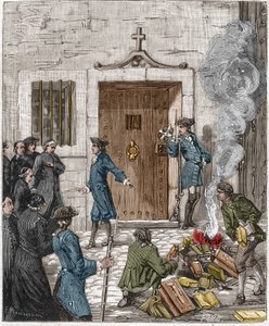 Verurteilung der Societe des Jesuites nach der Entscheidung des Parlements von Paris vom 6. August 1762. Das Gericht ordnete an, dass mehr als 24 Bücher und Schriften der Jesuiten vom Henker verbrannt werden. Gravur des 19. Jahrhunderts.