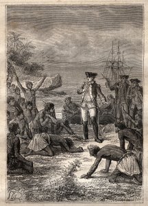Empfang von Cook durch die Eingeborenen - Dritte Reise von James Cook - Cook wird von den Eingeborenen begrüßt - Dritte Reise von James Cook im Pazifischen Ozean - Illustration aus „Die großen Seefahrer des 18. Jahrhunderts“ von Jules Verne