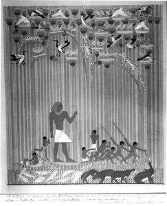 Kopie eines ägyptischen bemalten Reliefs darstellend Fischfang und Harpunieren eines Nilpferds, aus dem Grab von Ti und Ptah-Hotep in Saqqara, 5. Dynastie, Altes Reich von French School