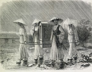 Koreaner in einem Palankin (Regenanzug der Koreaner) tragen einen Stuhl. Illustration aus „Eine Expedition in Korea“ von Herrn H. Zuber, ehemaliger Marineoffizier (1866) - in „Tour du Monde“.