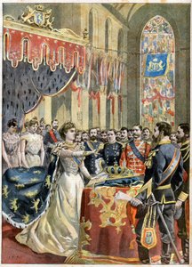 Krönung von Königin Wilhelmina der Niederlande. Krönung von Königin Wilhelmine von Holland (1880-1962) (Wilhelmina Helena Pauline Maria van Oranje-Nassau) in der Nieuwe Kerk in Amsterdam - Illustration für Le Petit Journal.