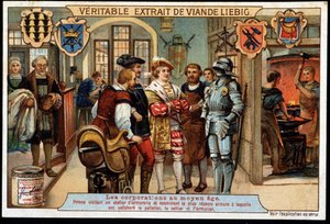 Zünfte im Mittelalter: Prinz besucht eine Rüstkammerwerkstatt und untersucht die neueste Rüstung, an der der Pelzmacher, Sattler und Büchsenmacher gearbeitet haben