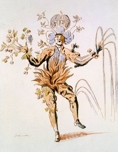 Kostümentwurf für die vier Elemente in einem höfischen Ballett des 17. Jahrhunderts, Faksimile von Guillaumot fils (handkolorierter Stich) von French School